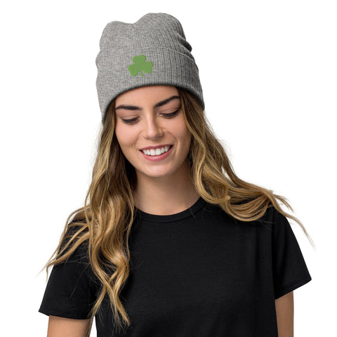 St Patricks Day Shamrock Womens Ribbed Embroidered Green Knit Beanie