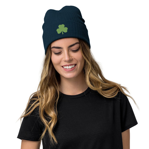 St Patricks Day Shamrock Womens Ribbed Embroidered Green Knit Beanie