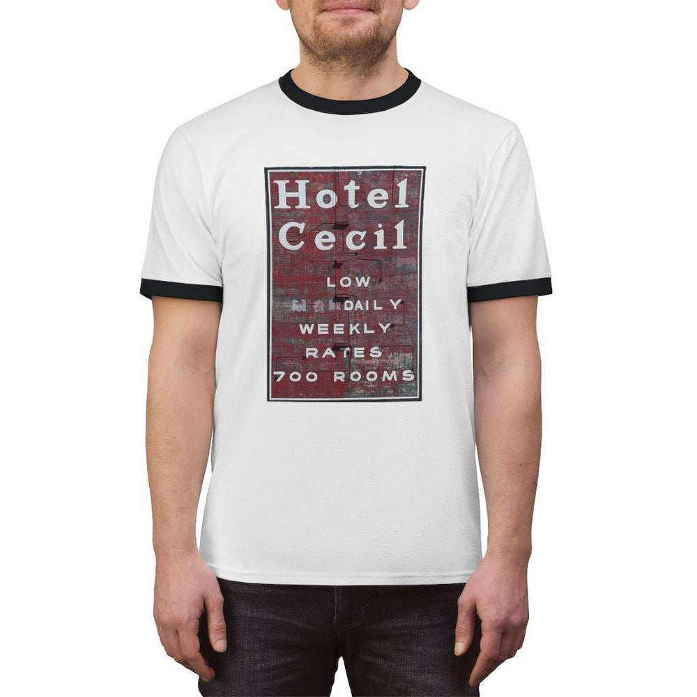 Hotel Cecil T Shirt - Short Sleeve Ringer Tee - Trump Save America Store 2024