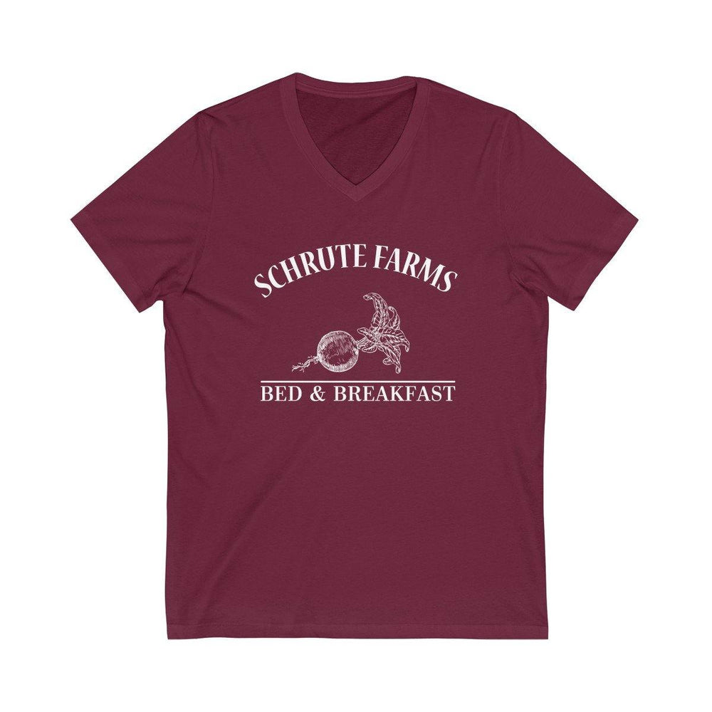 Schrute Farms Short Sleeve V-Neck T-Shirt - Beets Bed And Breakfast Shirt - Trump Save America Store 2024