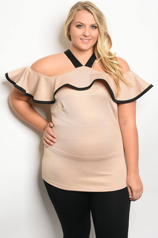 Ladies fashion plus size off the shoulder top with ruffle details and a halter neckline - Miss Deplorable