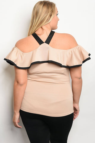 Ladies fashion plus size off the shoulder top with ruffle details and a halter neckline - Miss Deplorable
