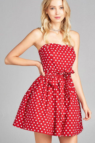 Ladies fashion strapless fit body smocked back w/belt detail inside tulle flare dot print tube dress - Trump Save America Store 2024