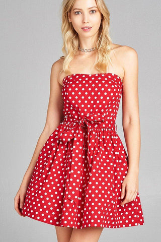 Ladies fashion strapless fit body smocked back w/belt detail inside tulle flare dot print tube dress - Trump Save America Store 2024