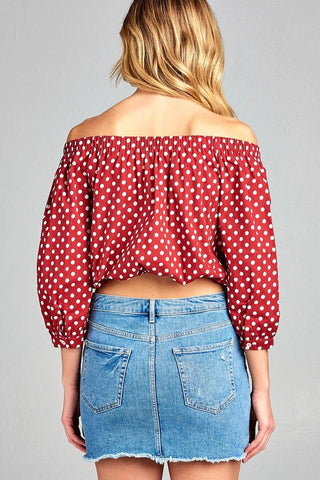 Ladies fashion off the shoulder w/knot front dot print cotton spandex top - Trump Save America Store 2024