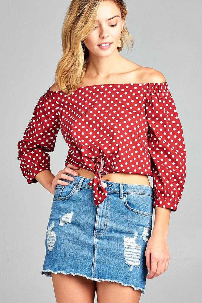 Ladies fashion off the shoulder w/knot front dot print cotton spandex top - Trump Save America Store 2024