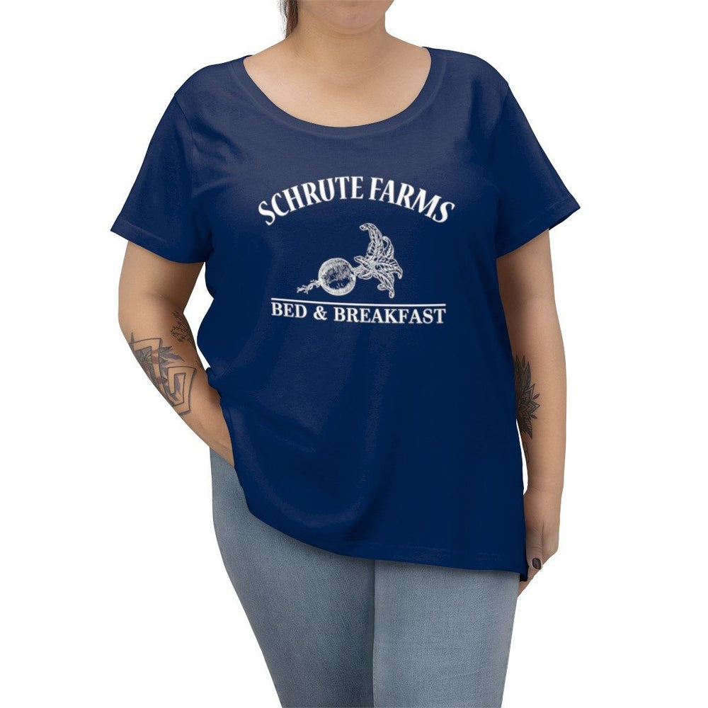 Schrute Farms Women's Curvy T-Shirt - Beets Bed And Breakfast Shirt - Trump Save America Store 2024