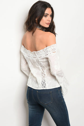 Ladies fashion ling sleeve off the shoulder lace detailed top with bell cuffs - Miss Deplorable