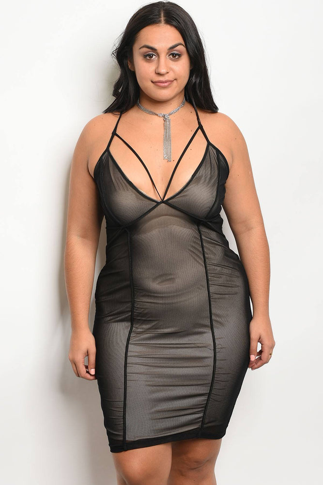 Ladies fashion plus size mesh bodycon dress with a v neckline and nude lining - Miss Deplorable