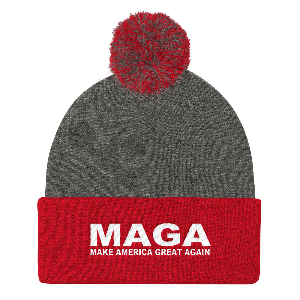 Make America Great Again "MAGA" Pom Pom Knit Cap Red / Grey - Miss Deplorable