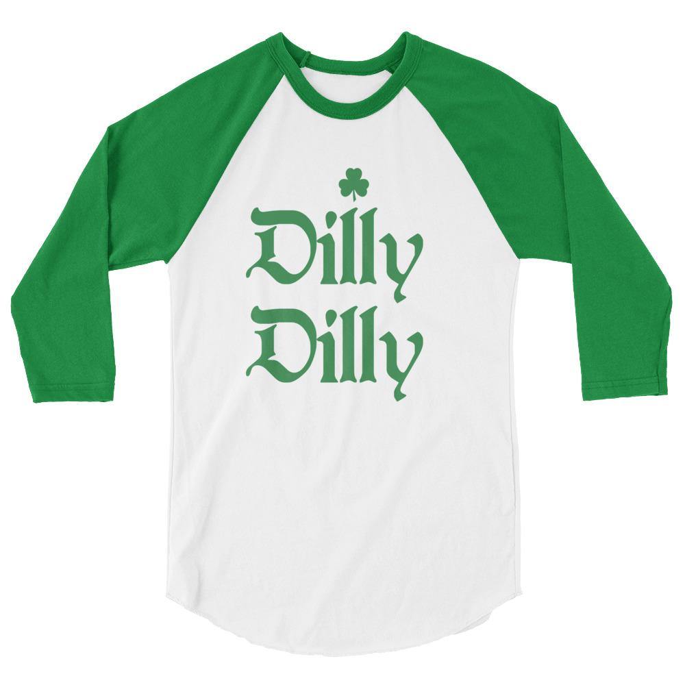 Mens Dilly Dilly St Patricks Day Irish Shamrock Green And White Raglan Shirt - Trump Save America Store 2024