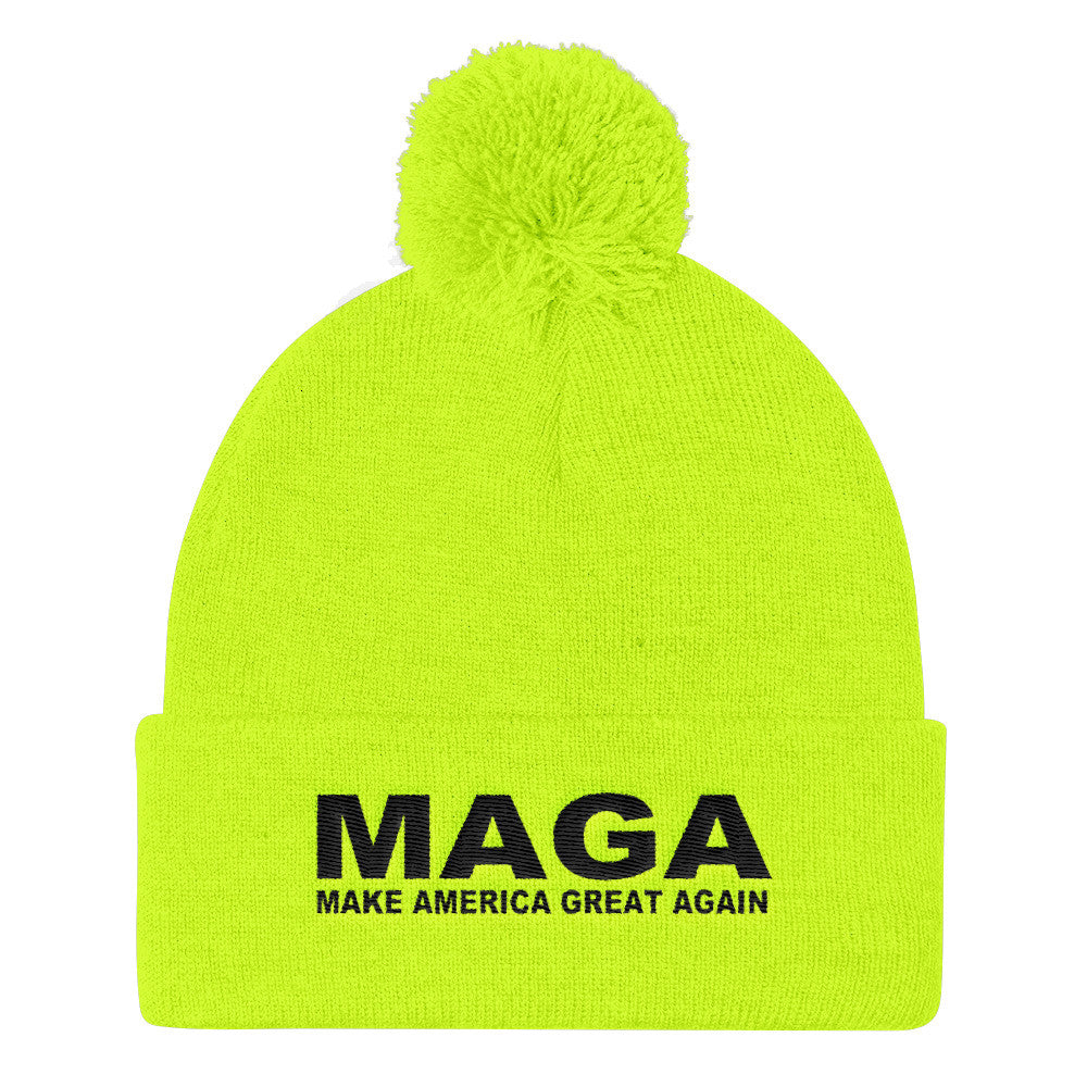 Neon Yellow Make America Great Again "MAGA" Pom Pom Knit Cap - Miss Deplorable