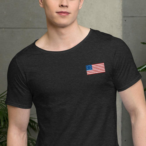 Betsy Ross American Flag Embroidered Men's Raw Neck Shirt - Trump Save America Store 2024