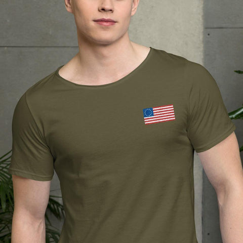 Betsy Ross American Flag Embroidered Men's Raw Neck Shirt - Trump Save America Store 2024